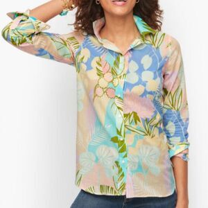 Talbots 100% Cotton Voile Button Front Shirt Tropical Floral Print Size S NWT